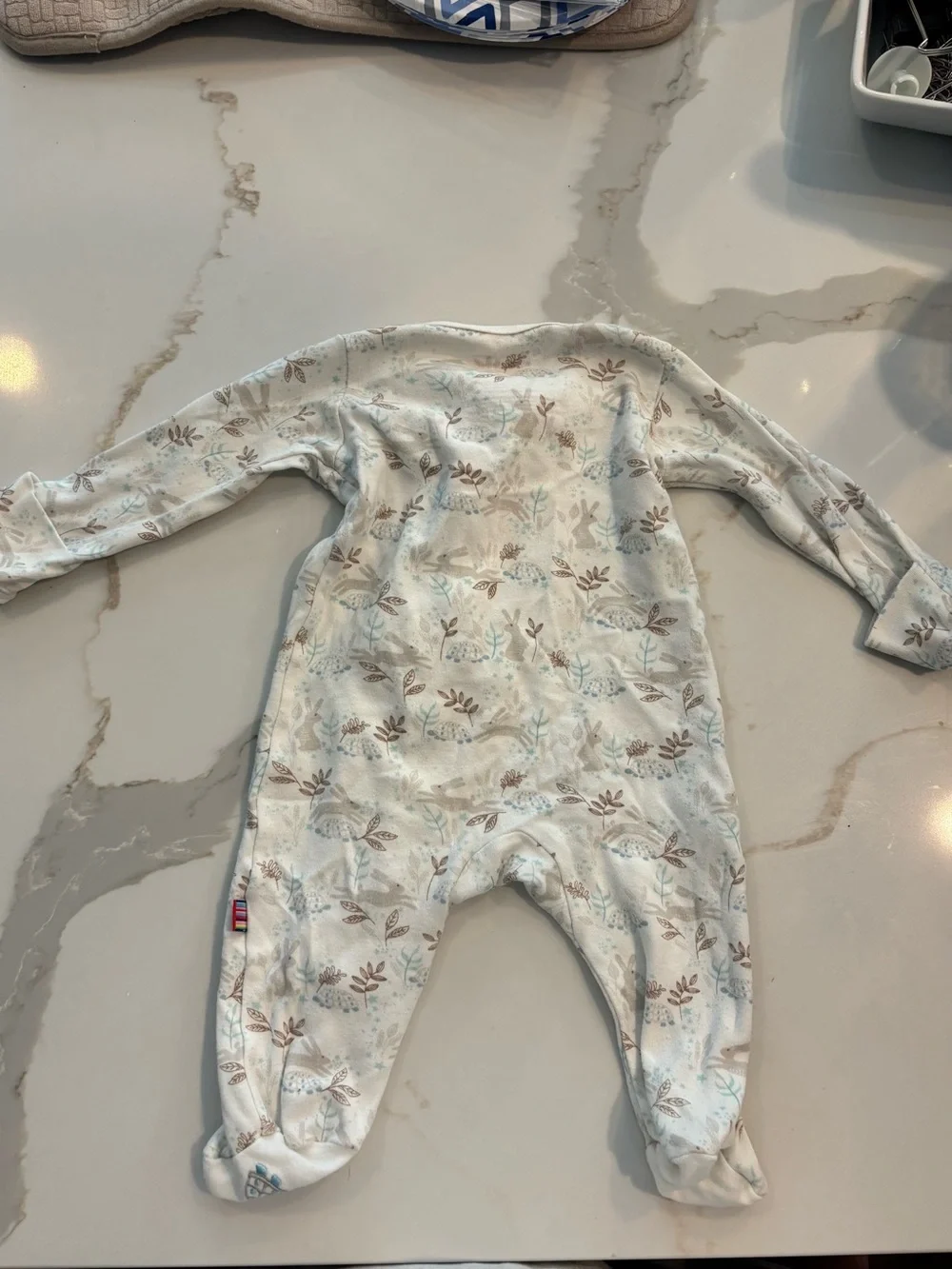 Magnetic Me Cream Footed Pajamas with Brown and Light Blue Floral Pattern